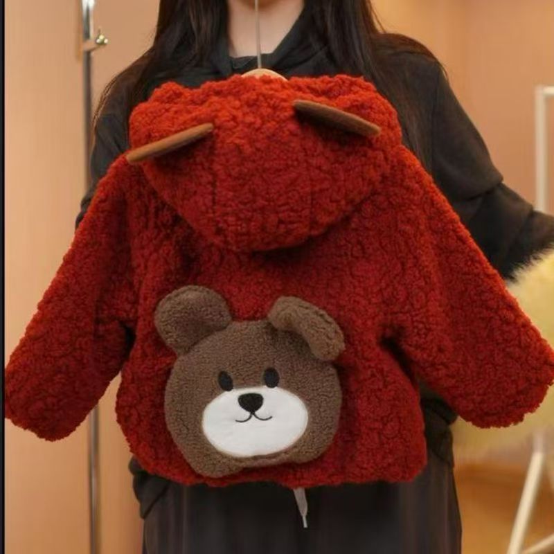 Girlwinter baby cutebearfleece-linedthickened clothes western style kidsoutwearfall and winternew arrivalfurrytops