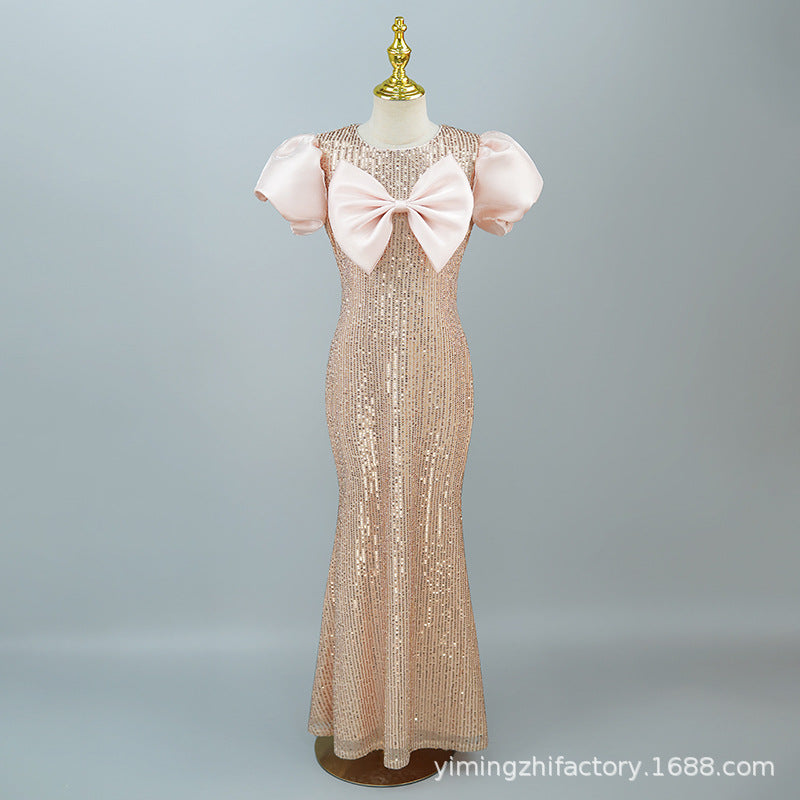 Custom european and american children's formal dresses, new  collection: sequined, slim-fit, bow-tie, host/performance outfit with puff sleeves - cross-border e-commerce