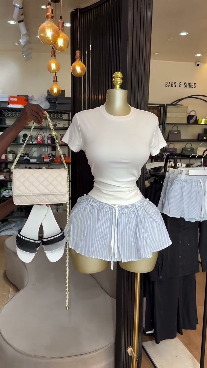 European and american cross-border women's fashion:  summer new arrivals - sweet & chic ruffle-trimmed striped a-line mini skirt with tie detail
