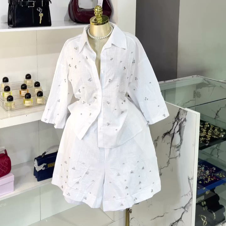 European and american cross-border women's fashion:  summer new arrival - stylish turn-down collar, loose fit, heavily embellished diamond-studded shirt and wide-leg pants set