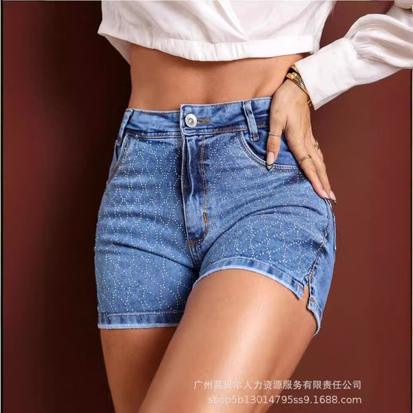 ODF3361 European and American 2024 women's tight denim shorts full of hot diamonds