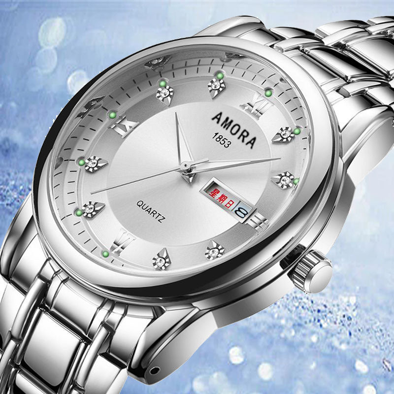 Xiangshiman fully automatic movement non-mechanical men watch double calendar luminous waterproof business steel wrist quartz watch