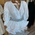 Fashionsuit female socialite elegant lantern long sleevesv neck lotus leaf swing bright shirt female high waistsequin skirt