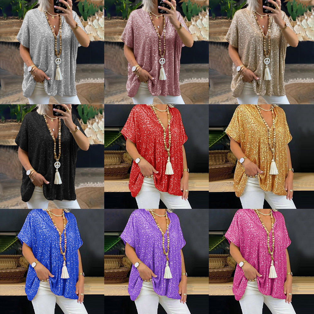 new european and american  style short-sleeve urban casual loose fit pullover sequin v-neck t-shirt top for women