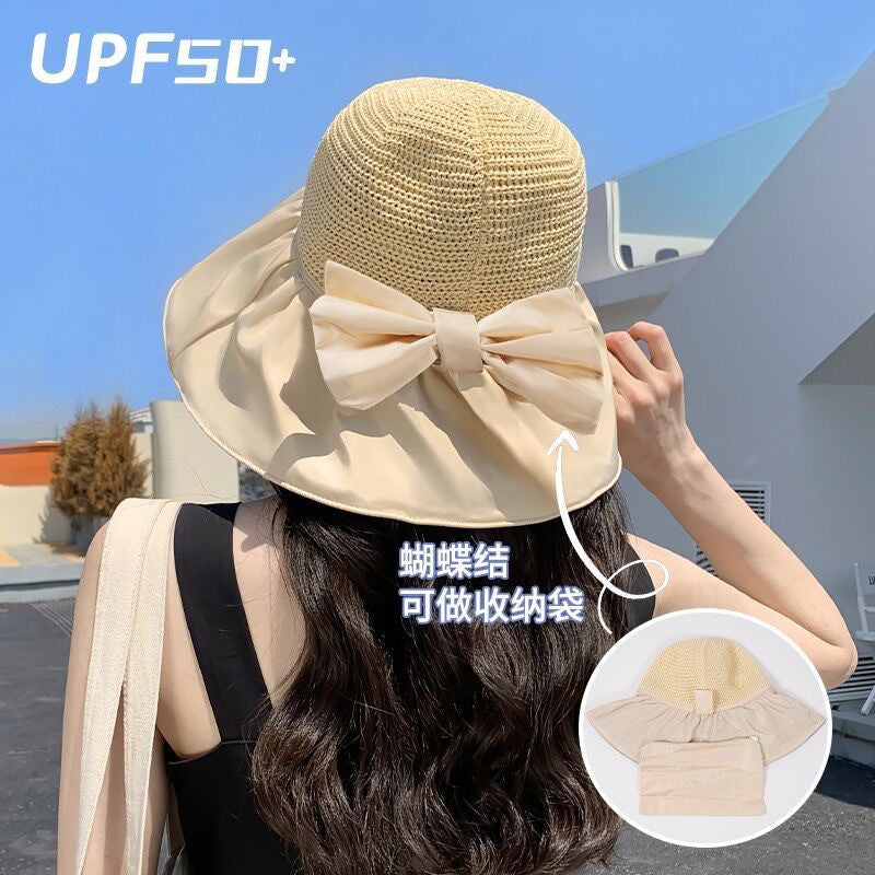 Sunscreen hat Women's UV protection Sun hat Foldable vinyl bow storage bucket hat Face covering Big brim hat