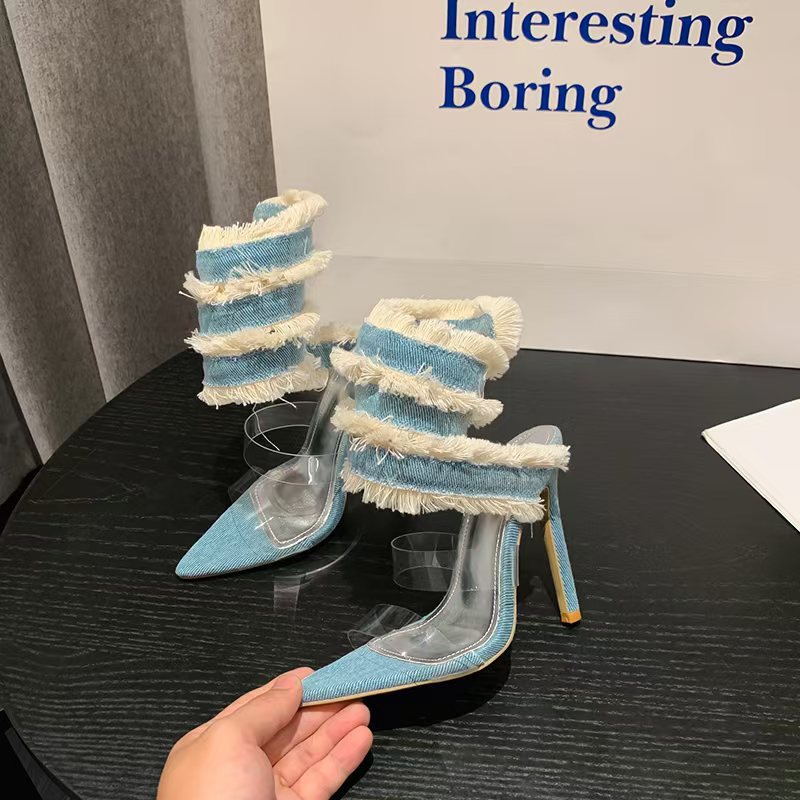 New arrivalaccessible luxuryclassyfashionsexy denim snake-shaped pointed toe catwalk stiletto sandals elegant wholesale