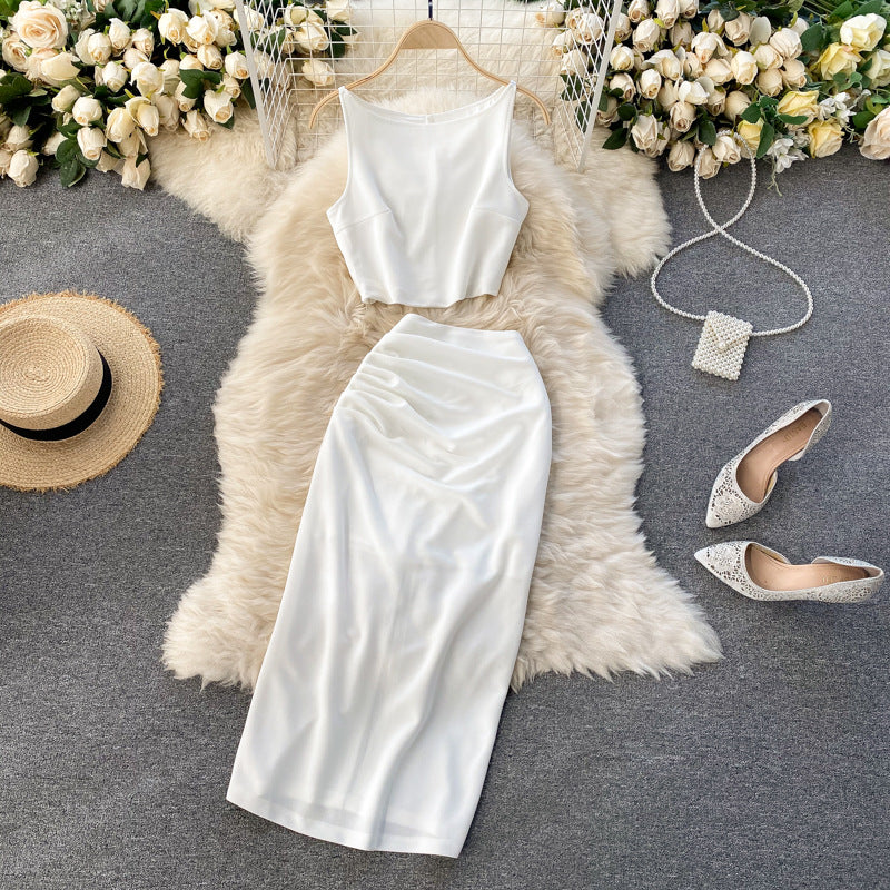 High and cold royal sister popularsuitpure color round neck vestshorttopshigh waist hip-covering mid-length skirt two-piece set for women