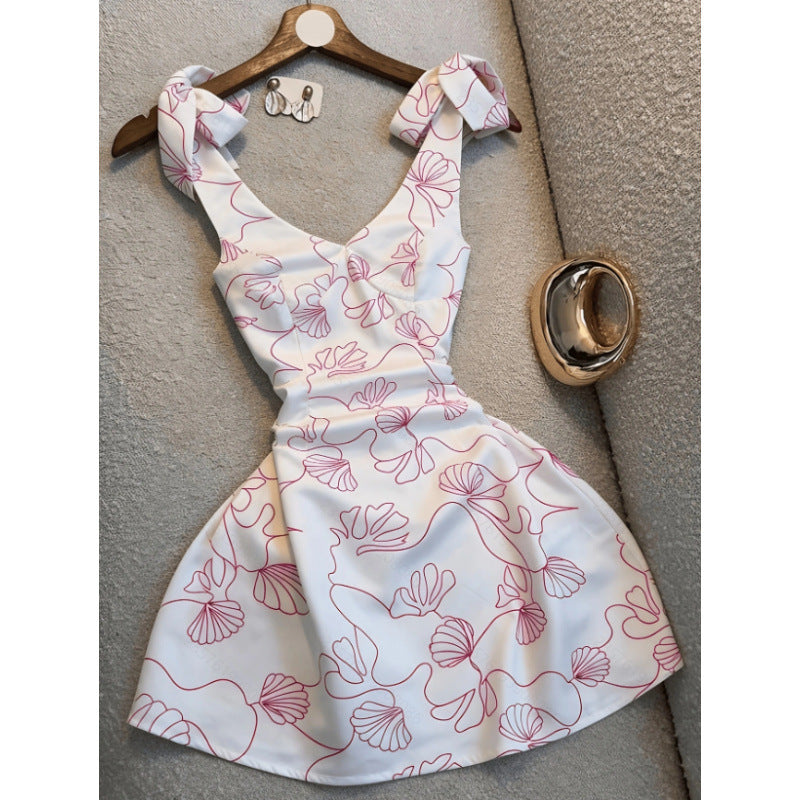 Women's new summer fashionable and elegant printed tie-strap v-neck a-line mini dress - perfect for going out and dating