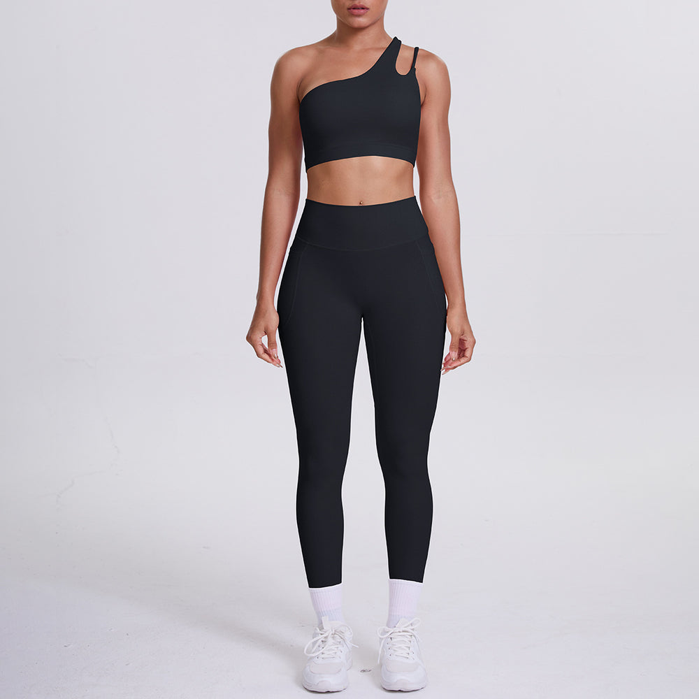 Cloud-feel one-shoulder backless sports bra set - high-waisted, butt-lifting, compression yoga outfit - quick-dry running & fitness set for women