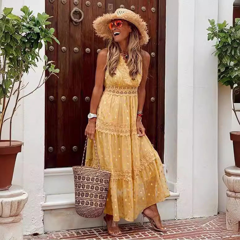 Summer new arrivals: women's sexy deep v sleeveless chiffon dress - patchwork midi dress for  &
