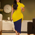 D493  foreign trade women's summer asymmetrical neck fashionable elegant short sleeve bodycon color block pencil skirt african dress