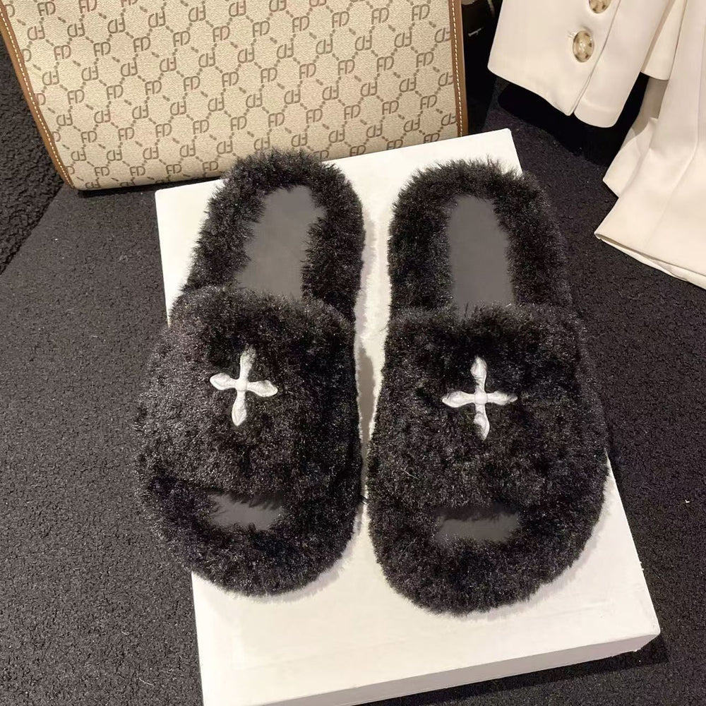 Celebrity style letter fur slippers thick soleoutwearfashioneasiest for match2024 autumn and winter new arrival women's home cotton slippers