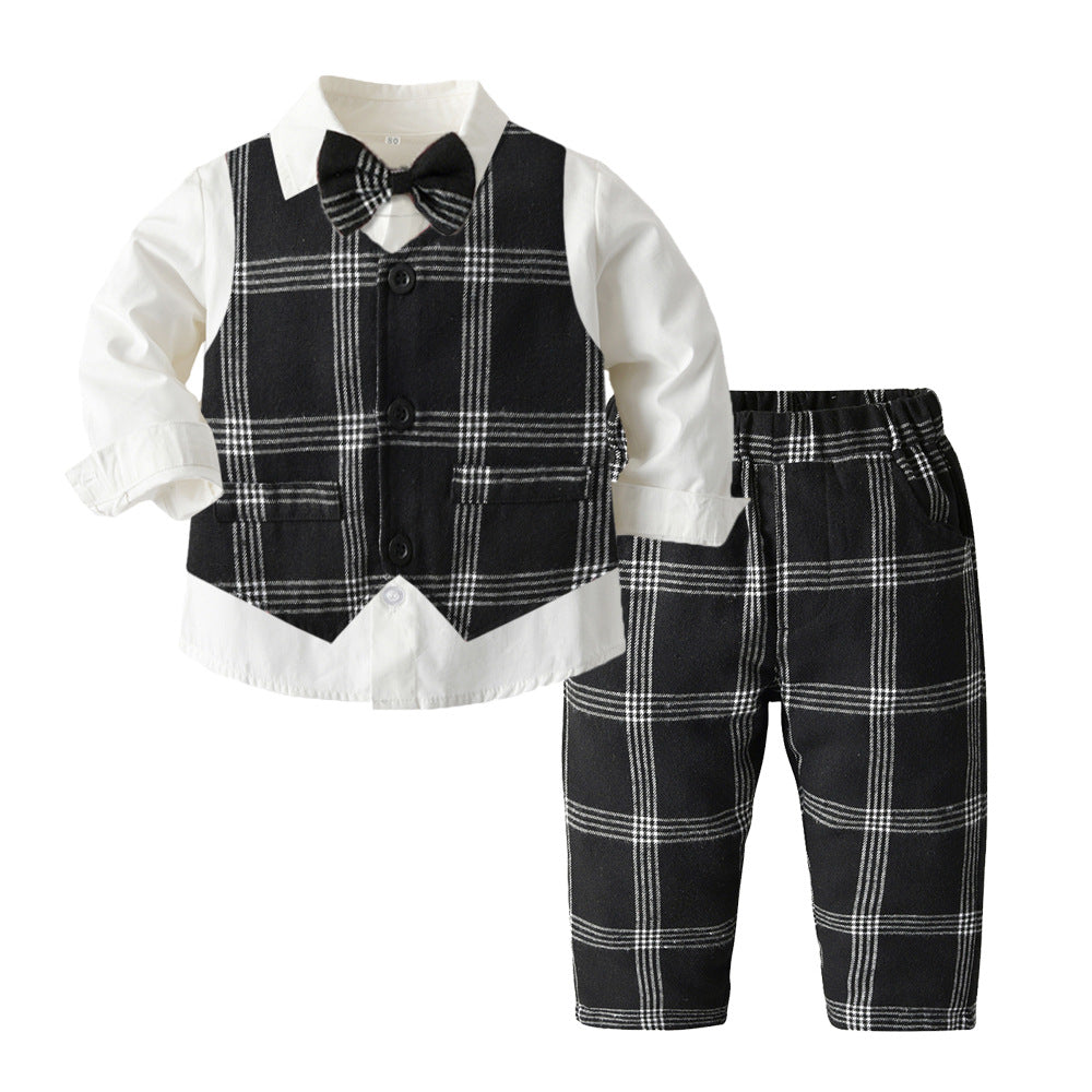 Factory direct children's spring fashion set: korean style plaid vest three-piece outfit for boys, kids' formal wear - in stock
