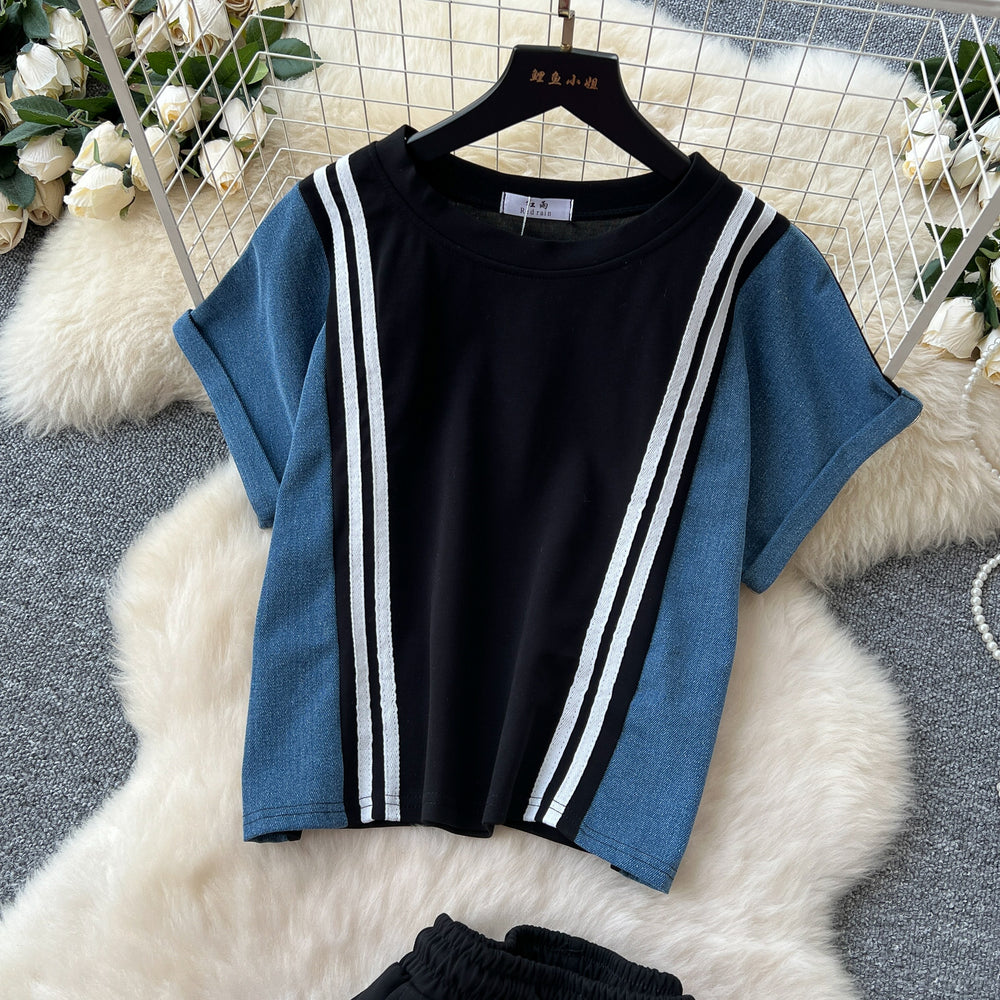 Summer fashion color block striped trim short sleeve top & high waist denim patchwork wide leg straight leg pants casual set for women