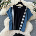 Summer fashion color block striped trim short sleeve top & high waist denim patchwork wide leg straight leg pants casual set for women