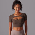 Classic solid color mesh panel sexy double-layer short sleeve cami bra top - running, fitness, and yoga activewear for women