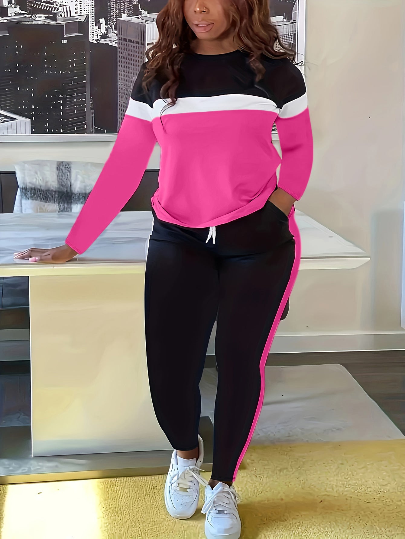 S390843 Striped splicing long-sleeved pants set women's  new product fashion women's clothing independent station casual long-sleeved