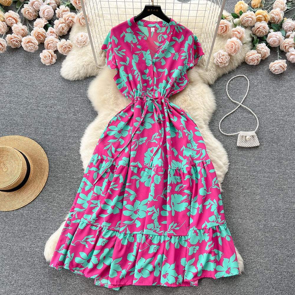 French sweet and gentle style v-neck floral chiffon dress - women's summer cinched waist, slimming, vacation-ready, fairy dress
