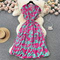 French sweet and gentle style v-neck floral chiffon dress - women's summer cinched waist, slimming, vacation-ready, fairy dress