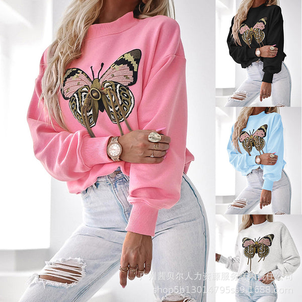 LZR18883   European and American new butterfly sticker decorative casual pullover sweater