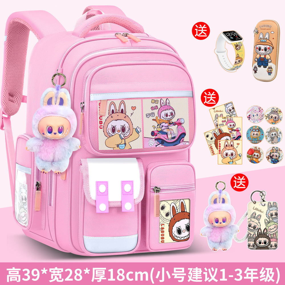 2026 new labubu backpack for girls, elementary school students grades 1-6, boys' lightweight kids' backpack, spine protection, and weight reduction