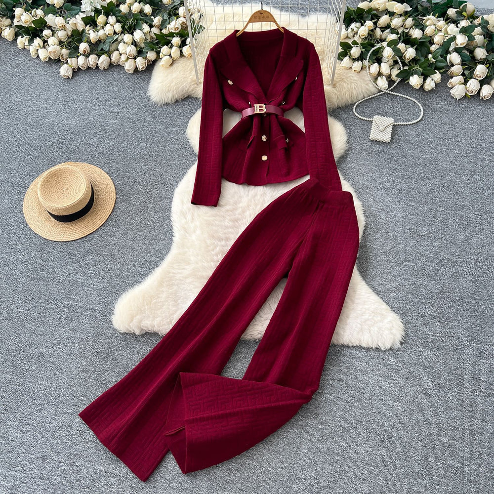 European chic: elegant and high-end strappy waist blazer-style knit top with high-waisted wide-leg pants