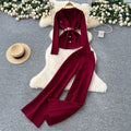 European chic: elegant and high-end strappy waist blazer-style knit top with high-waisted wide-leg pants