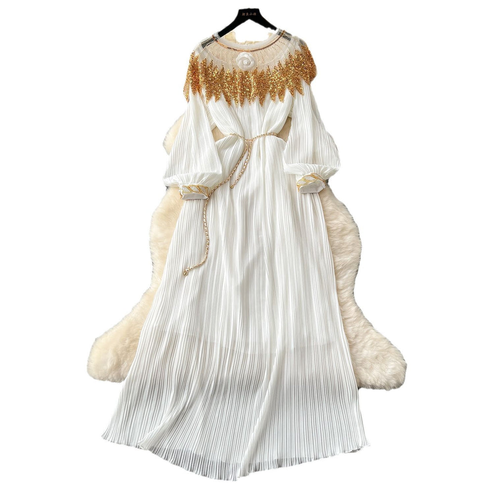 Autumn european and american retro court style heavy sequin embroidered long pleated puff sleeve dress women's pleated skirt