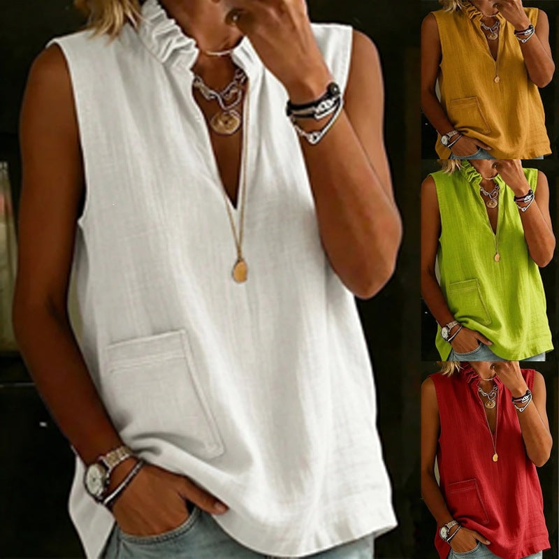 elegance stand collar ruffles cotton and linen shirt summer sleeveless tops