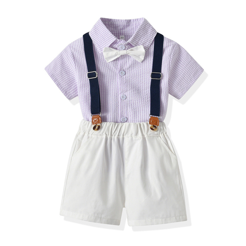 Wholesale children's clothing direct from the manufacturer: boys' preppy-style short-sleeved plaid shirt and suspender shorts set, dropshipping available