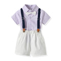 Wholesale children's clothing direct from the manufacturer: boys' preppy-style short-sleeved plaid shirt and suspender shorts set, dropshipping available
