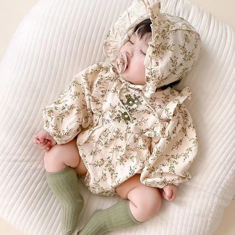 Baby clothes spring autum one-piece baby girl super cute retro style floral bag butt clothes fashionable thin style crawling clothes