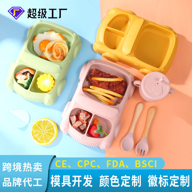 Factory new product baby silicone dinner plate large suction cup tableware set 8-piece set cartoon children's car silicone dinner plate