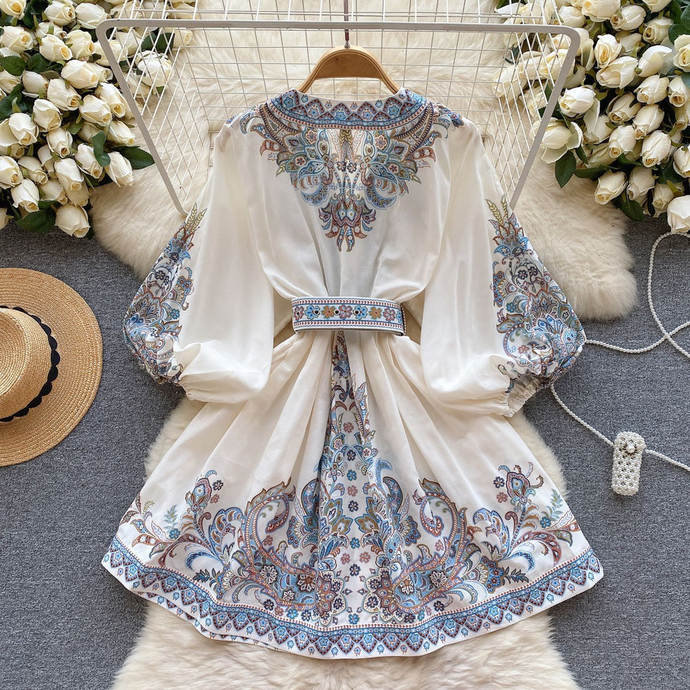Accessible luxuryfrench palace style printingdress women's v neck puff sleeves waist design niche style socialite elegant skirt