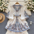 Accessible luxuryfrench palace style printingdress women's v neck puff sleeves waist design niche style socialite elegant skirt