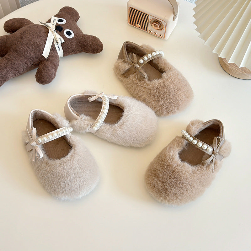 Pearl bow one-word with velvet light mouth fluffy cotton shoes 2024 winter new lazy one-pedal Doudou shoes