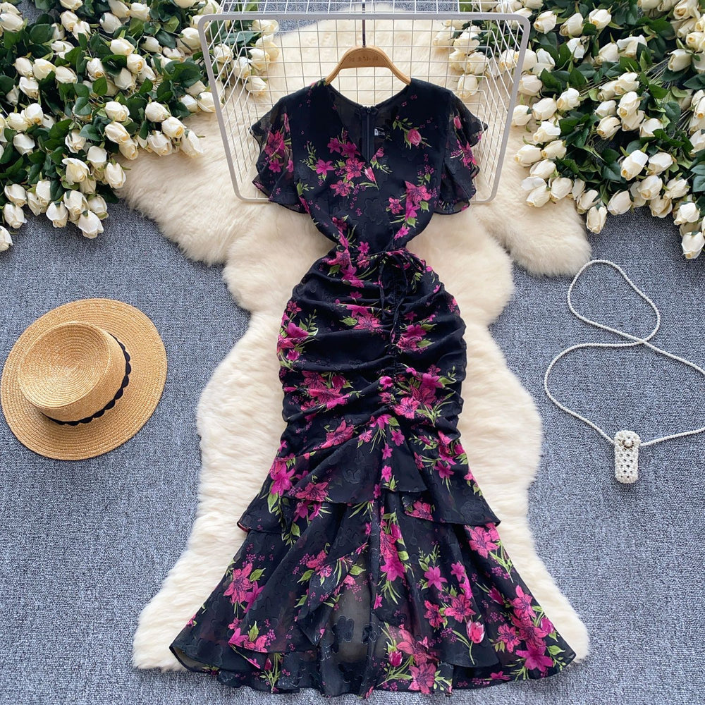 High and cold royal sister goddess style dress scheming pleated straps waist asymmetrical floral chiffon mermaid dress dress
