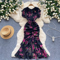 High and cold royal sister goddess style dress scheming pleated straps waist asymmetrical floral chiffon mermaid dress dress