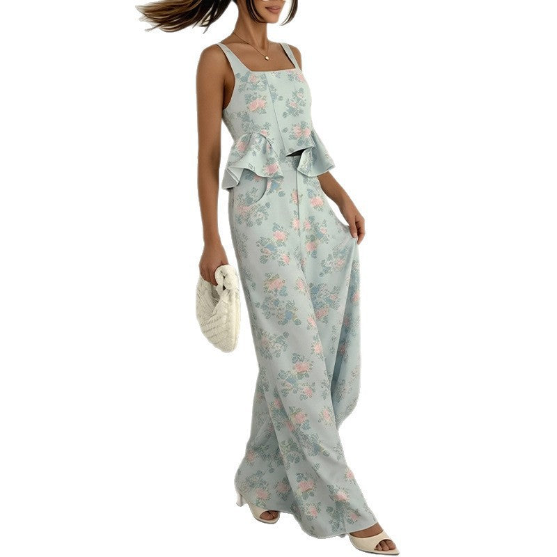 women's summer new arrivals:  cross-border fashion printed ruffle trim cami casual set (us/eu style)