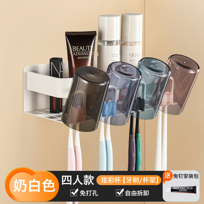 Wide new product toothpaste toothbrush rack, no punching space aluminum bathroom brushing mouthwash cup wall hanging set
