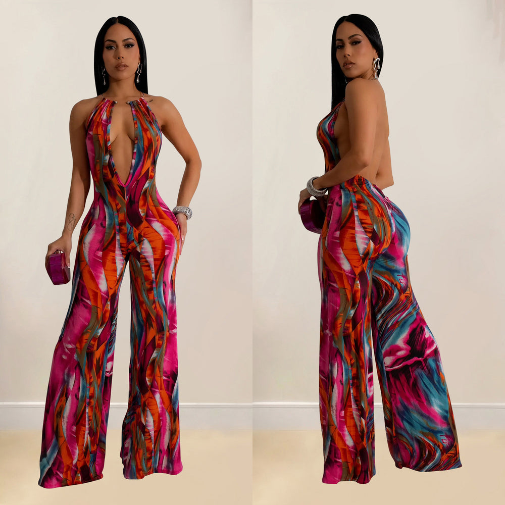 C6930 cross-border   fashion women's printed sleeveless deep v color block backless long jumpsuit