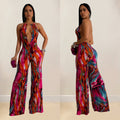 C6930 cross-border   fashion women's printed sleeveless deep v color block backless long jumpsuit