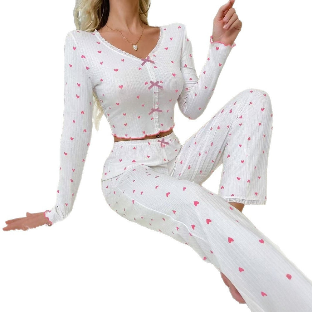 European and american style new women's loungewear set - heart print v-neck long sleeve pajama top with lace trimmed pants