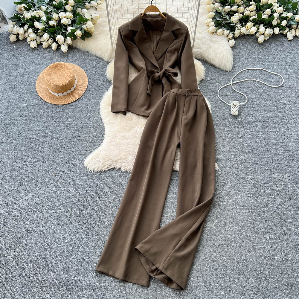Work clothing professional young lady style suit women's autumtie back waist suit collar long sleevesoutwearhigh waistloose straight-leg pants