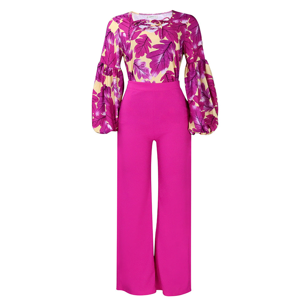 D386  plus size women's new fashion printed tie-up top and wide-leg pants two-piece set - european and american style