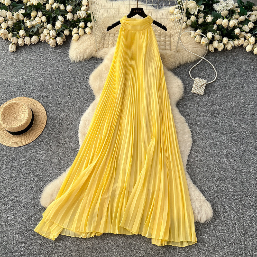 Vacation style halter sleeveless pleated dress women's springk-style heavy industry pleated high waist a-line large swing long skirt