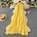 Vacation style halter sleeveless pleated dress women's springk-style heavy industry pleated high waist a-line large swing long skirt