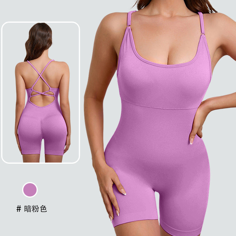 European and american style one-piece yoga bodysuit with removable padded bra, criss-cross back design, breathable, casual, activewear, and shaping bodysuit