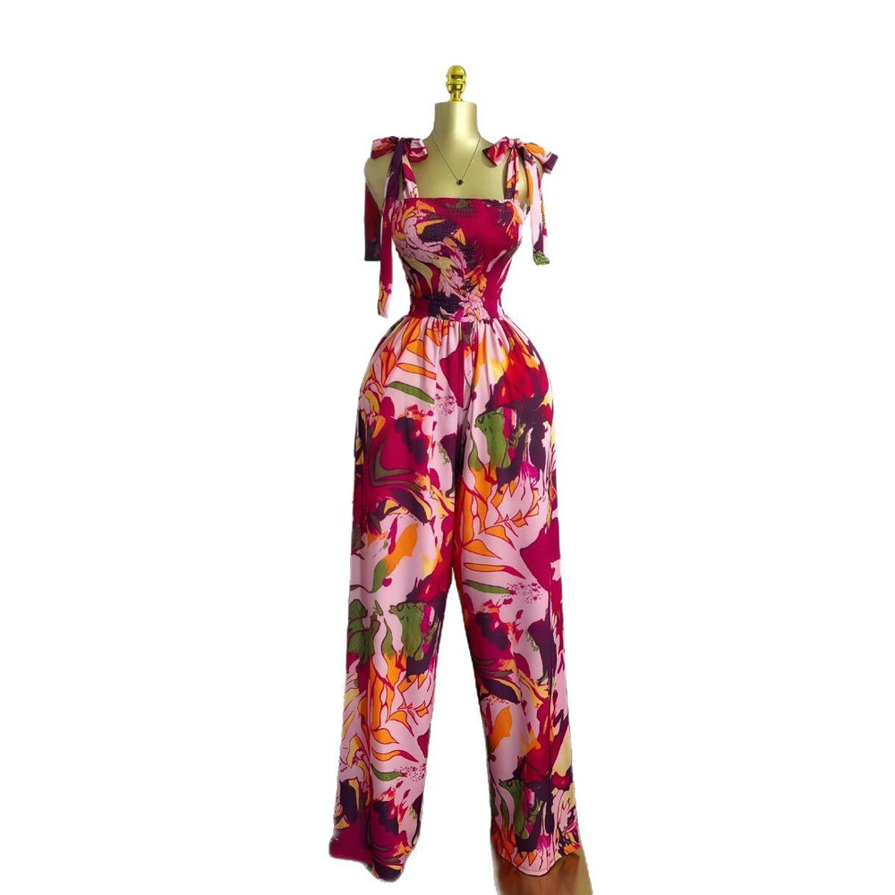 European and american cross-border women's summer  new sleeveless bow-tie bandeau waist-cinching long printed jumpsuit
