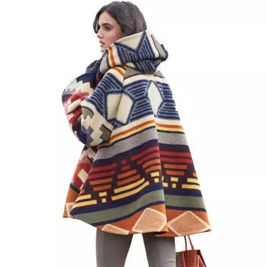 new autumn/winter women's long-sleeved hooded coat - dragon & phoenix print wool blend - perfect for  &  export (us/eu styles)